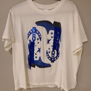 QUEEN OF SPARKLES White and Blue Sequin Cowboy Boot Tee